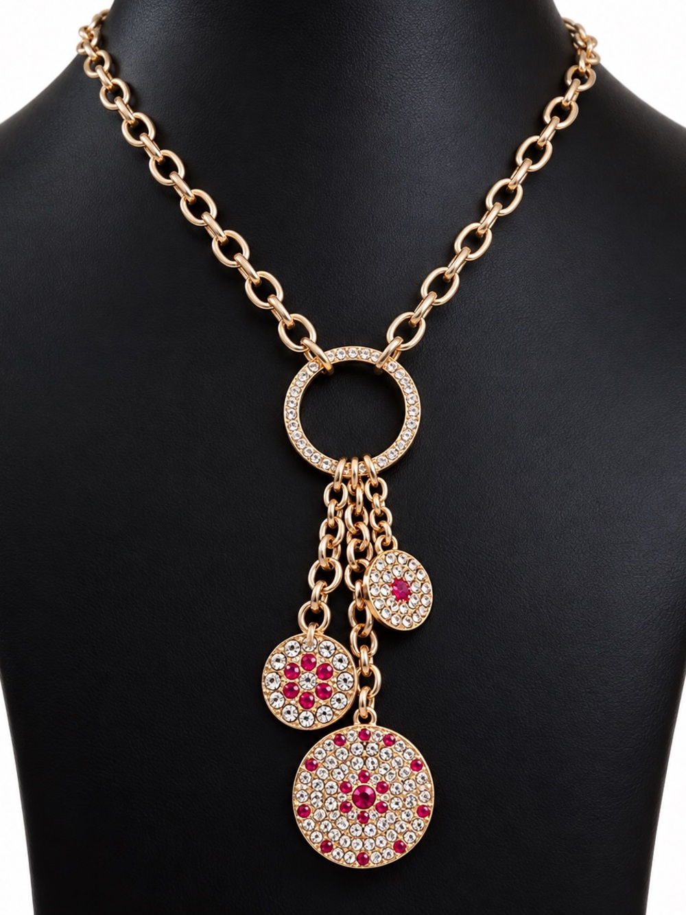 Gold-Tone Pendant Necklace with Pink Crystal Discs